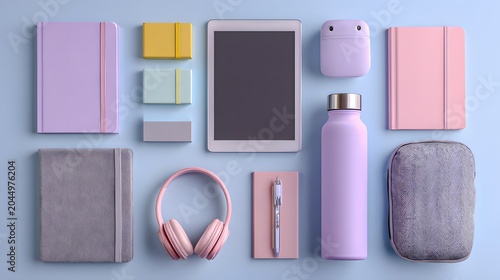 Stylish back-to-school flat lay with pastel stationery and tech accessories