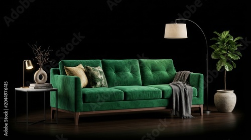 Elegant Modern Living Room With A Green Velvet Sofa and Coffee Table