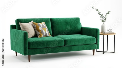Elegant Modern Living Room With A Green Velvet Sofa and Coffee Table
