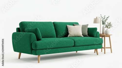 Elegant Modern Living Room With A Green Velvet Sofa and Coffee Table