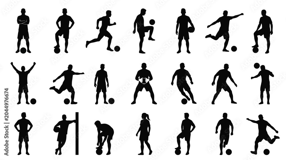 Fototapeta premium Football player silhouettes collection in standing running and juggling poses with soccer balls.