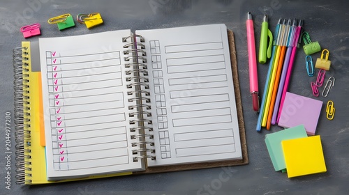 Back to school checklist planner with checkboxes and colorful stationery supplies