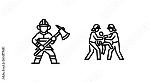 Illustration of a firefighter and a medical professional with emergency services first responder medical aid firefighter uniform emergency situation