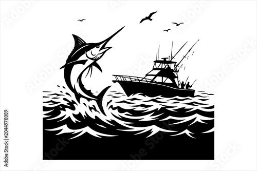 Marlin fish jumping out of the ocean waves with a sport fishing boat in the background black vector art