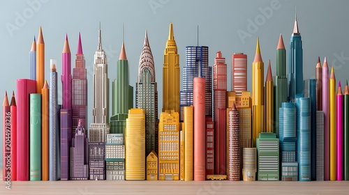 Creative school supplies arranged like a city skyline, a vibrant urban landscape