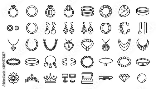 Schilderij op canvas Jewelry and Luxury Accessories Line Icon Set, Vector Linear Icons