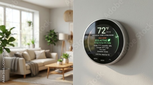 Modern Smart Thermostat Display Mounted On Wall In Cozy Living Room