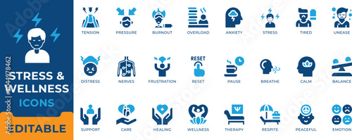 Photos Stress Anxiety Mental Health Wellness Therapy Icon Set - editable vectors for ps