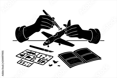 Hands assembling a plastic model airplane kit vector illustration with airplane assembly building aviation