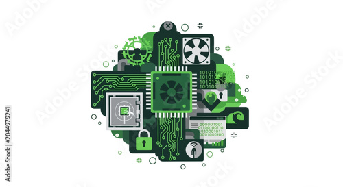 Abstract Green Technology Concept Illustration with CPU Microchip, Security Padlock, and Circuitry for Cybersecurity and Sustainable Computing