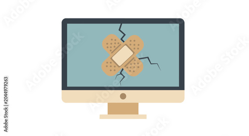 Computer Monitor with Cracked Screen and Adhesive Bandage - Conceptual Illustration of a Quick Fix or Temporary Technical Solution