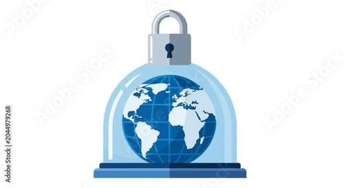 Global Security and Cyber Protection Icon: Earth Globe Inside a Glass Dome with a Padlock, Representing World Safety, Data Privacy, and Environmental Conservation