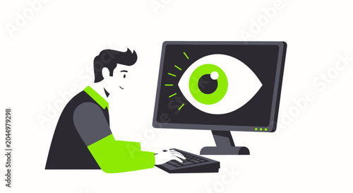 Cybersecurity and Eye Tracking Concept Illustration: Man at Computer with a Large Watchful Eye on Monitor Representing Surveillance and Privacy
