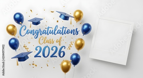 Congratulations class of 2026 graduation celebration background with balloons, graduation caps, confetti and photo frame isolated on white background