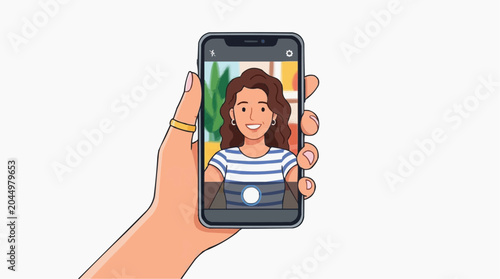 A woman's hand holds a smartphone displaying her smiling face in a selfie, representing connection and personal expression.