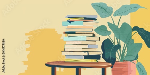 Minimalist pastel illustration of a book stack on a table