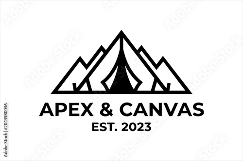 Apex and canvas adventure camping logo design featuring mountains and tent outline graphic illustration