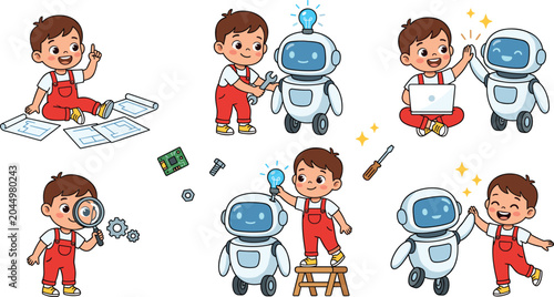 Cute Little Boy Playing with Friendly Robots Vector Set Featuring STEM Education Artificial Intelligence and Creative Technology Activities