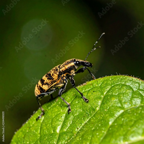 Detailed Yellow Black Weevil Walking on Green Leaf in Natural Garden Setting