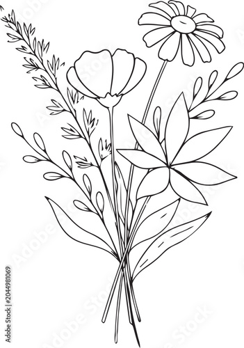 Simple black and white floral bouquet illustration