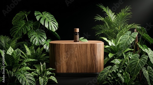 Natural Skincare Product Displayed On A Round Wooden Podium In A Lush Tropical Forest