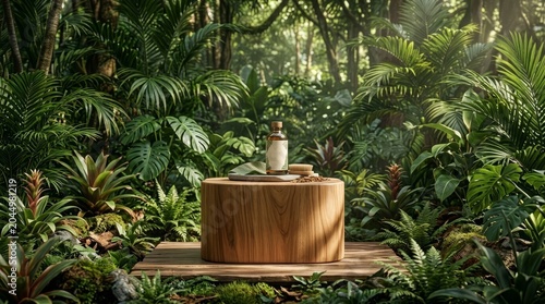 Natural Skincare Product Displayed On A Round Wooden Podium In A Lush Tropical Forest