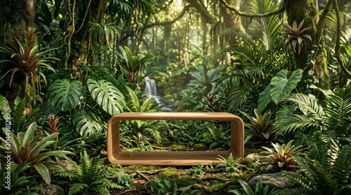 Natural Skincare Product Displayed On A Round Wooden Podium In A Lush Tropical Forest