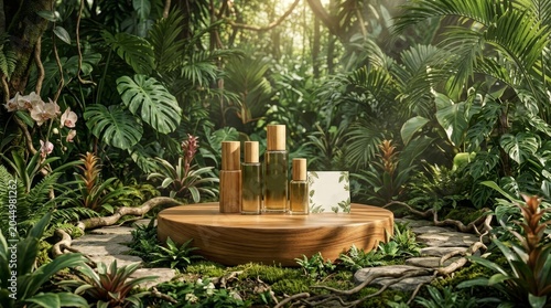 Natural Skincare Product Displayed On A Round Wooden Podium In A Lush Tropical Forest