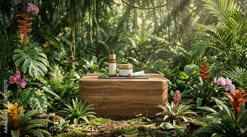 Natural Skincare Product Displayed On A Round Wooden Podium In A Lush Tropical Forest