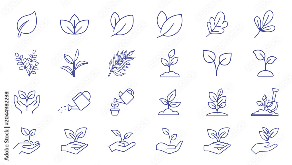 Fototapeta premium Eco Nature Leaf and Plant Growth Line Icons Set Collection – Organic Gardening, Sustainability, Green Energy, Environmental Care, Sprout, Foliage and Botanical Outline Vector Symbols