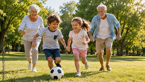 Happy Senior Grandparents Playing Soccer with Grandchildren