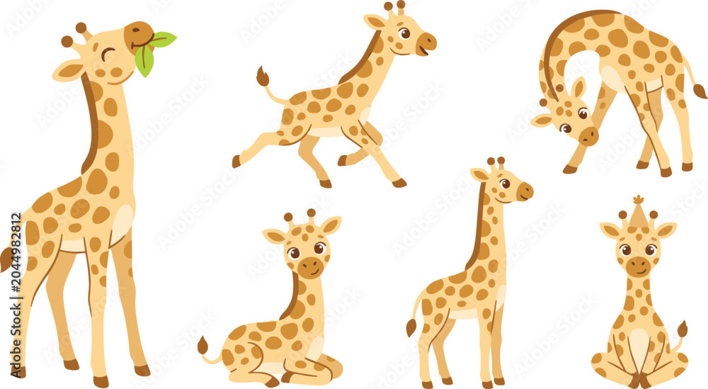 Obraz premium Cute Baby Giraffe Vector Character Collection with Active Jungle Animals Running Standing Sitting and Eating Leaves for Nursery and Children Graphic Designs