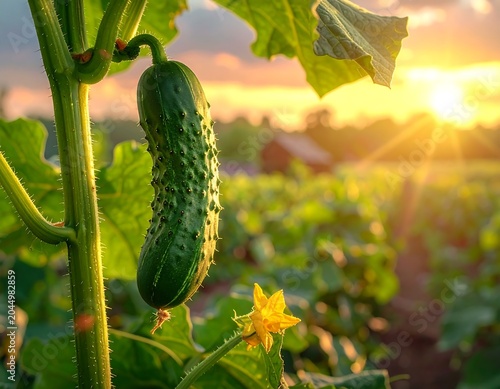 A vibrant green cucumber hangs from its vine amidst lush foliage, with a blurred sunset background