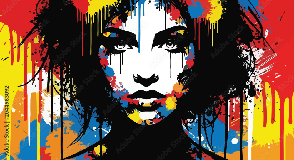 Obraz premium Vibrant Artistic Portrait of a Woman with Colorful Splashes.