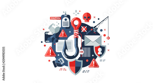 Phishing Attack Concept Illustration with Fish Hook, Security Shields, and Email Scam Icons - Cyber Crime and Data Protection Vector