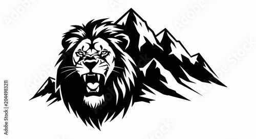 Photos Majestic Lion Head Roaring with Mountain Backdrop Design.