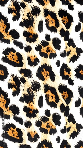 A vibrant leopard print design with orange, black, and white spots
