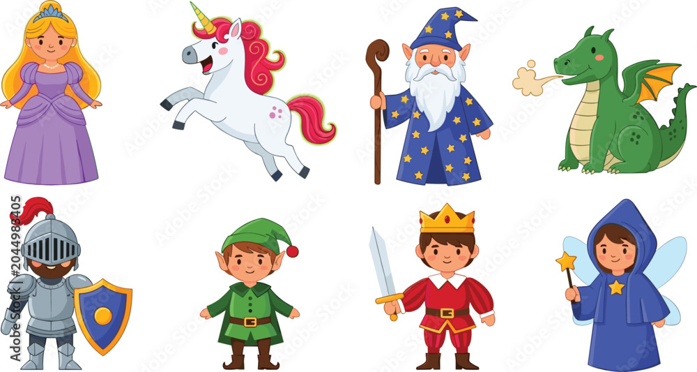 Fototapeta premium Cute Fairytale Character Vector Set with Princess Unicorn Wizard Dragon Knight Elf Prince and Fairy Elements for Kids Fantasy Book Graphic Designs