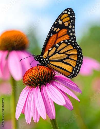 A vibrant orange butterfly perches on a pink coneflower in a sunny garden