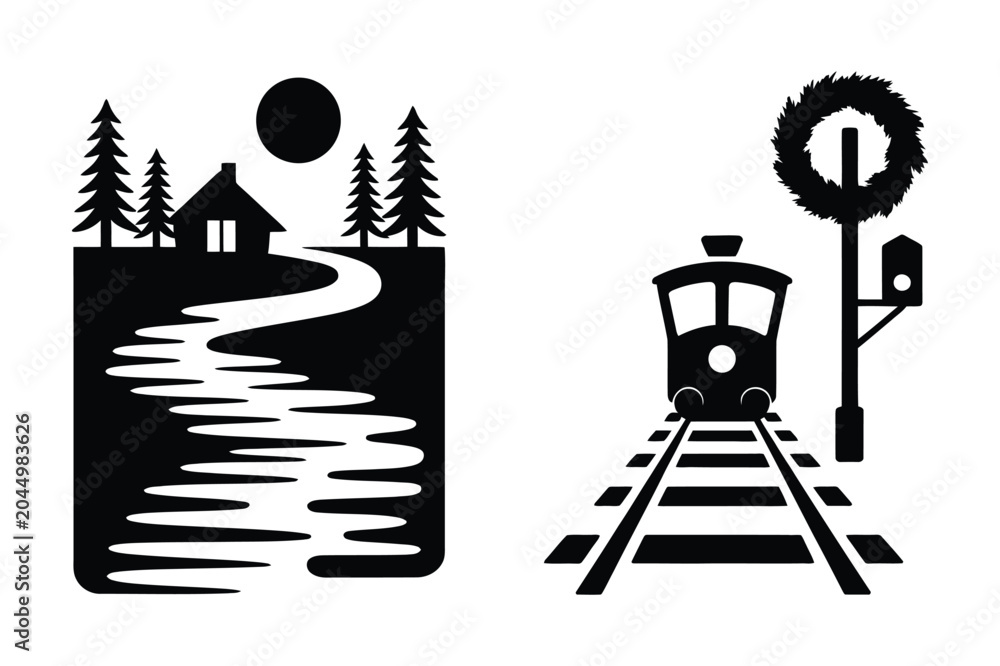 Obraz premium Winter landscape vector icons with cottage and train landscape seasonal holidays