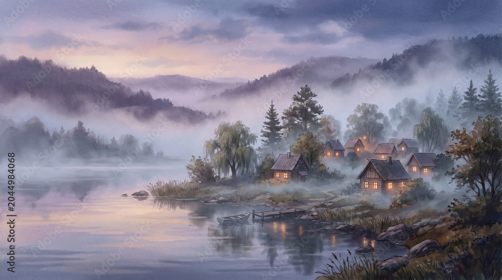 Fototapeta premium Misty Morning Village by Lake – Serene Landscape
