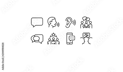 Foto Communication and social interaction linear outline icon set with communication