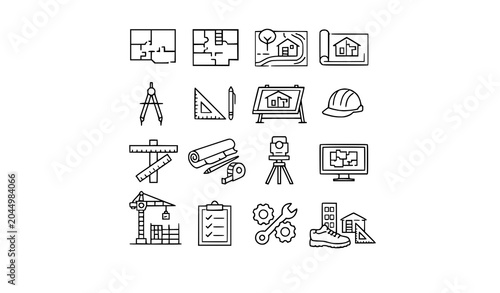 Architecture and construction outline icon collection with architecture construction building blueprint