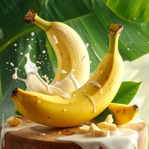 A vibrant still life of bananas on a wooden cutting board with splashing milk
