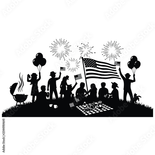 Fotografie American family celebrating fourth of july holiday with barbecue and fireworks vector illustration