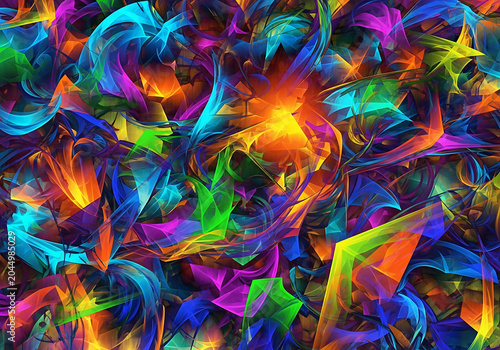 Vibrant abstract background with colorful fractal swirls, dynamic neon light patterns, psychedelic rainbow texture for creative digital art projects