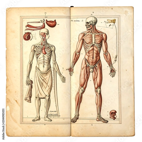 A vintage anatomy book illustration depicting human body with exposed skeletal and muscular systems