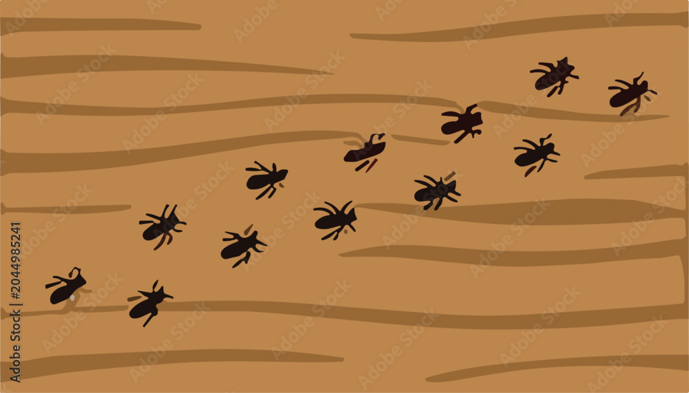 Fototapeta premium Ant Trail and Cooperative Behavior Vector Illustration Featuring Walking Ants, Wooden Surface, Grain Pattern, Curved Path, and Organized Movement for Nature and Science Design Projects