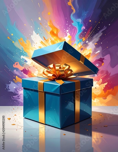 A vibrant teal gift box with gold ribbon and bow explodes with colorful paint splatters