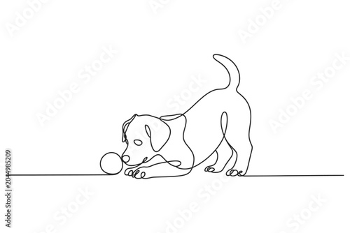 Tableau sur toile Continuous single line drawing of a small puppy looking at a ball with minimalis
